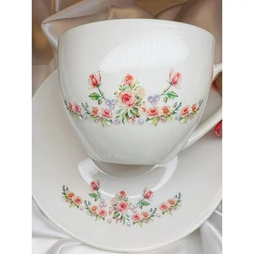 Díszített kávés csésze, tányérral - Rózsa