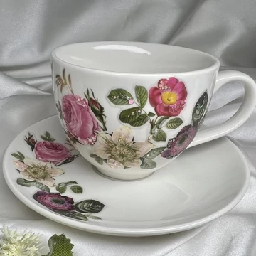 Kávés csésze, tányérral - csillám virágos