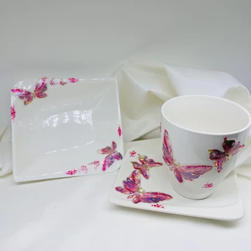 Kávés Bögre és kínáló tál szett - Rózsaszín pillangós