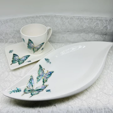 Kávés csésze és kínáló tál szett - Zöld pillangós
