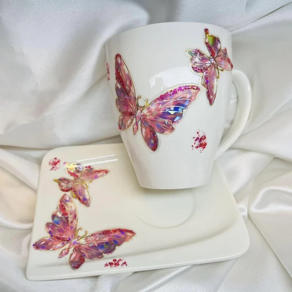 Kávés Bögre és kínáló tál szett - Rózsaszín pillangós