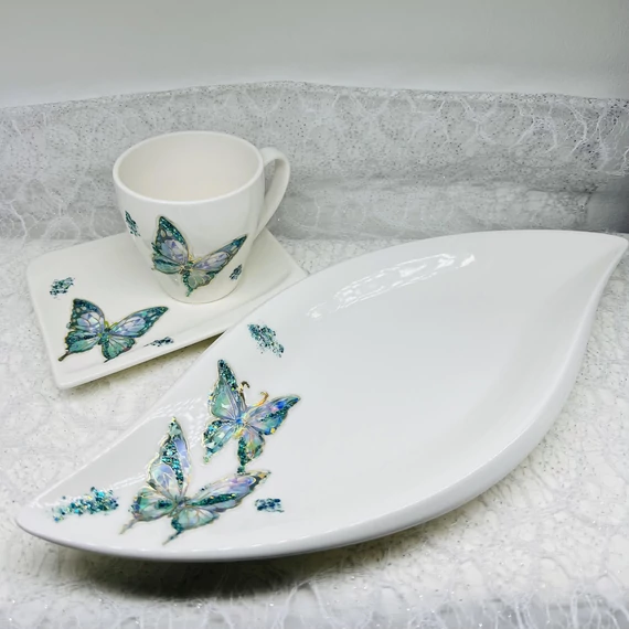 Kávés csésze és kínáló tál szett - Zöld pillangós